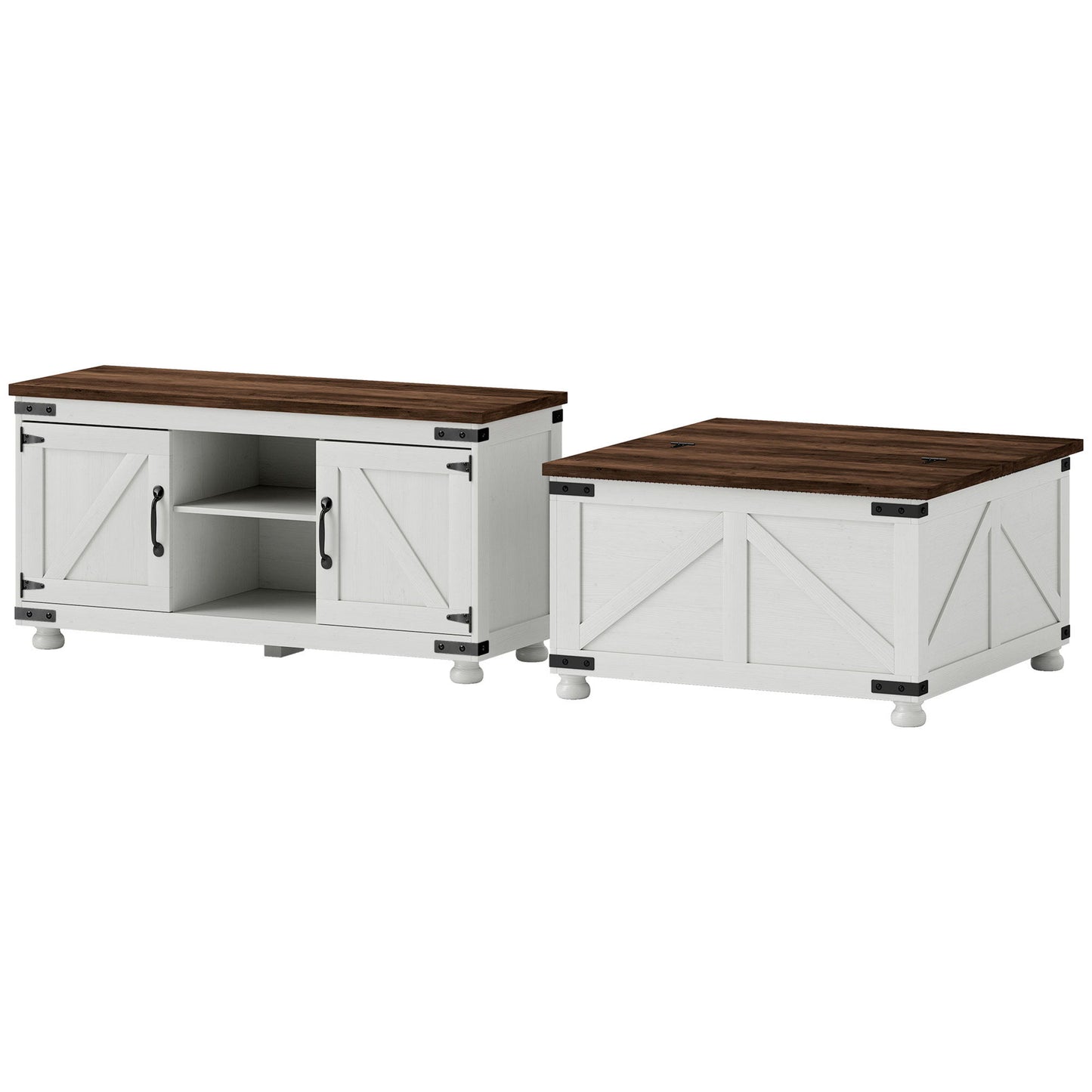 TV Stand and Coffee Table Set, TV Console Table for up to 50" TV, Center Table with Hinged Lift Top, Distressed White