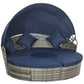4 Pieces Outdoor Daybed with Retractable Canopy, PE Rattan Wicker Round Sofa Day Bed, Patio Sectional Conversation Furniture Set with Cushions and Pillows, Dark Blue