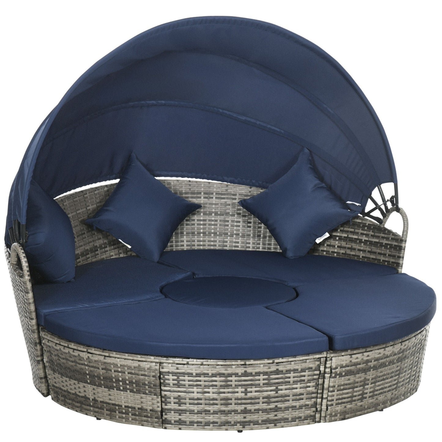 4 Pieces Outdoor Daybed with Retractable Canopy, PE Rattan Wicker Round Sofa Day Bed, Patio Sectional Conversation Furniture Set with Cushions and Pillows, Dark Blue