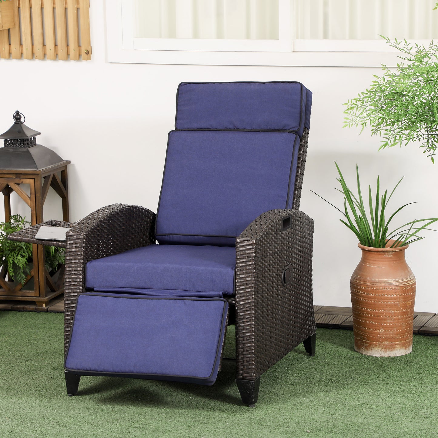 Outdoor Recliner Chair with Adjustable Backrest, Cushion, Side Tray, Black