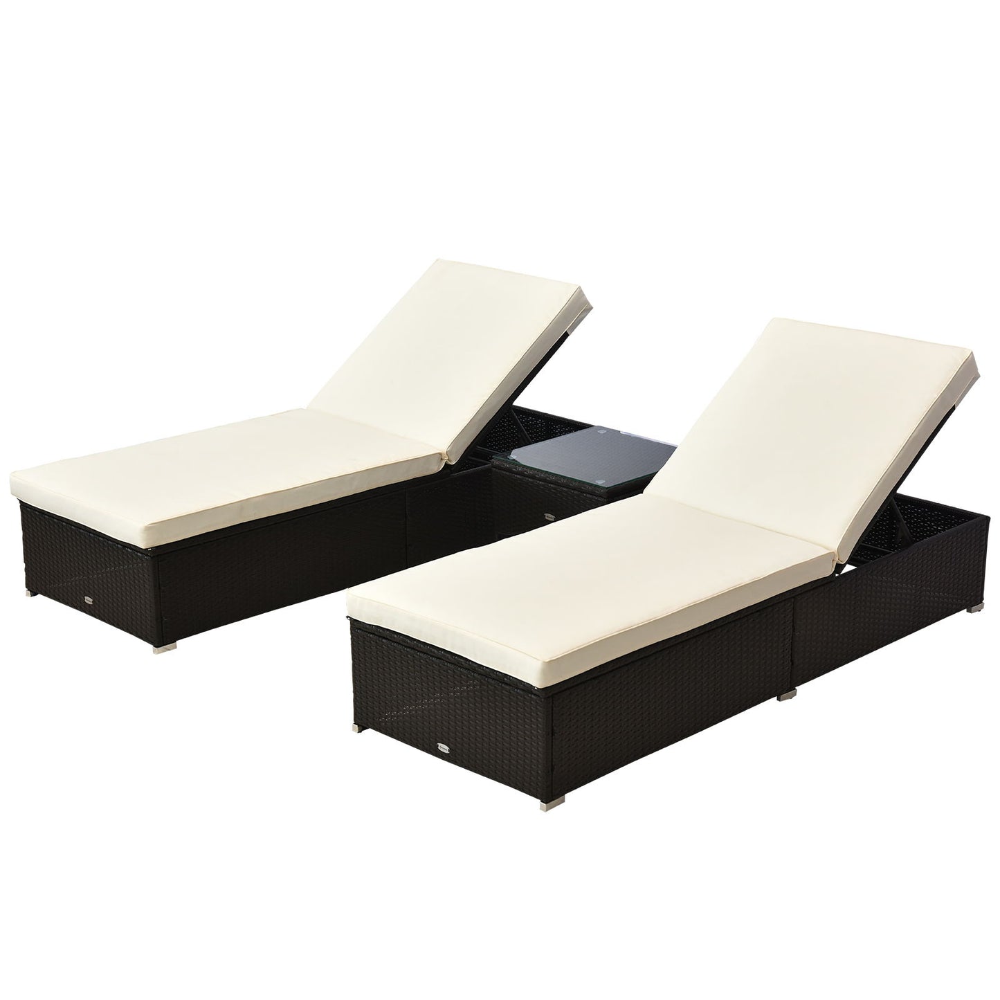 3pc Rattan Lounge Chair Set with Side Table Outdoor Patio Synthetic Rattan Wicker Sun Bed Set with Cushion