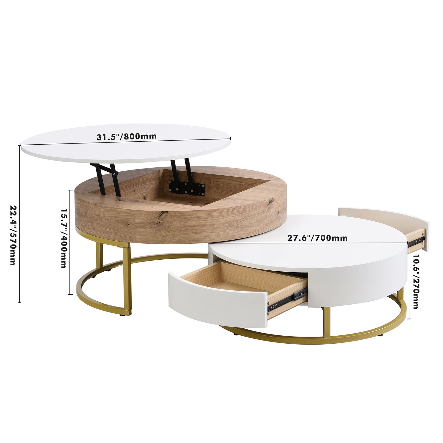 Modern Round Lift-top Nesting Coffee Tables with Hydraulic Lifting System, Space-saving Design, 31.5" L x 31.5" W x 16" H, Natural+White