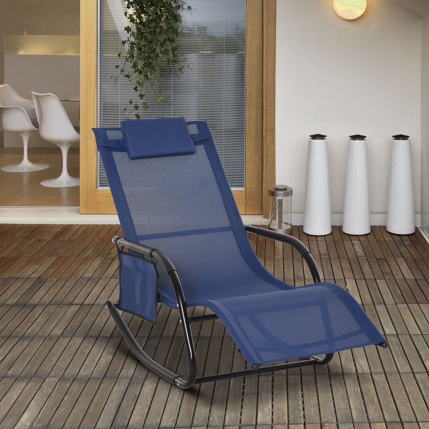 Patio Rocking Chair with Mesh Fabric, Outdoor Rocking Sling Sun Lounger with Removable Headrest and Side Pocket for Garden, Deck, Lawn, Blue