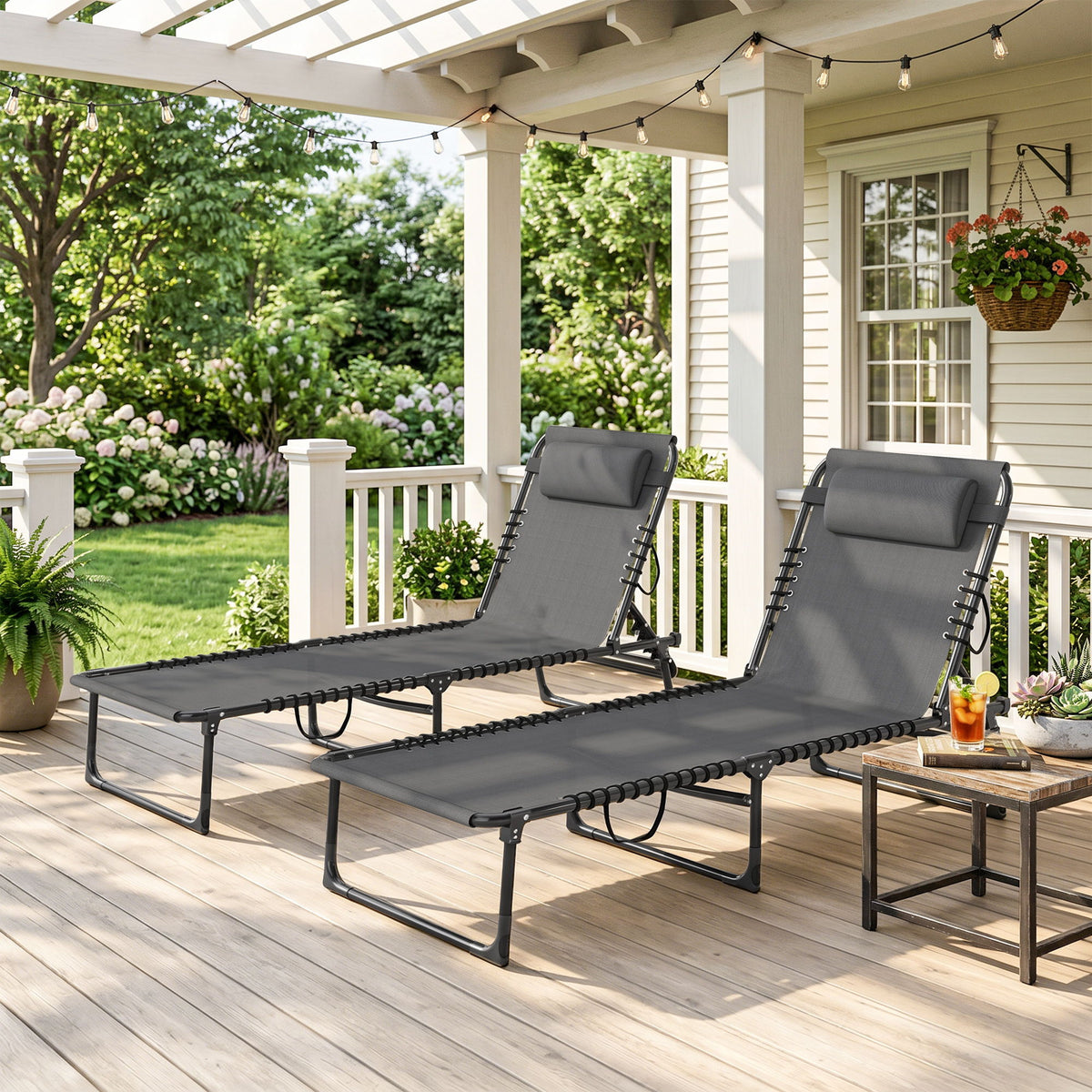 2 PCs Folding Lounge Chairs, Adjustable Chaise Lounges with Headrest, Reclining Lounger Cot for Camping, Hiking, Grey