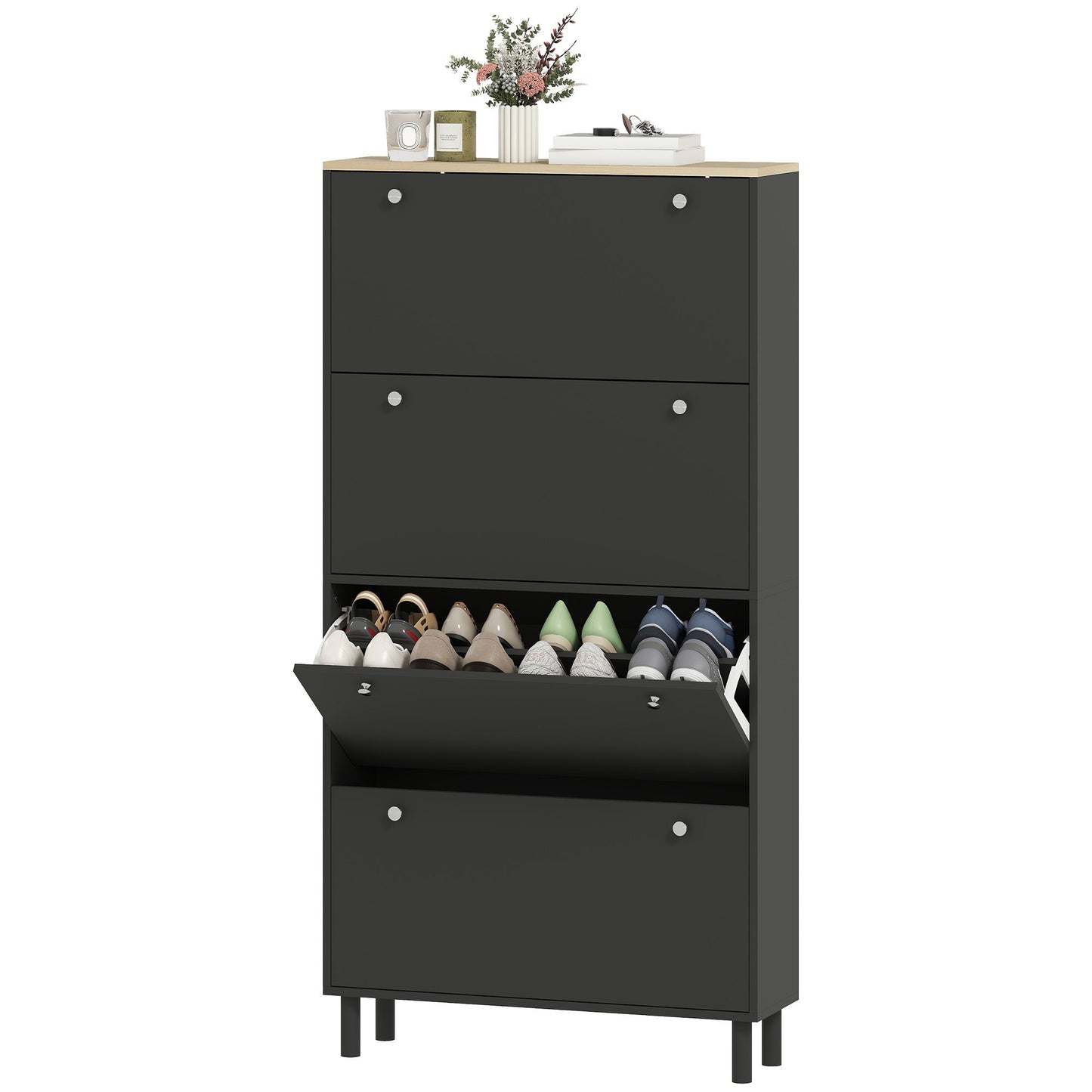 Narrow Shoe Cabinet with 4 Flip Drawers, Shoe Storage Cabinet with Adjustable Shelves, Holds 24–32 Pairs, Black