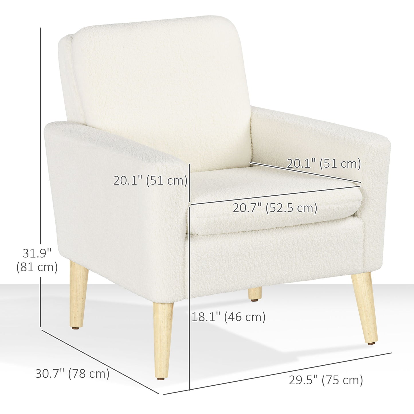 Fabric Accent Chair, Modern Upholstered Armchair with Wood Legs and Wide Padded Seat, Cream White