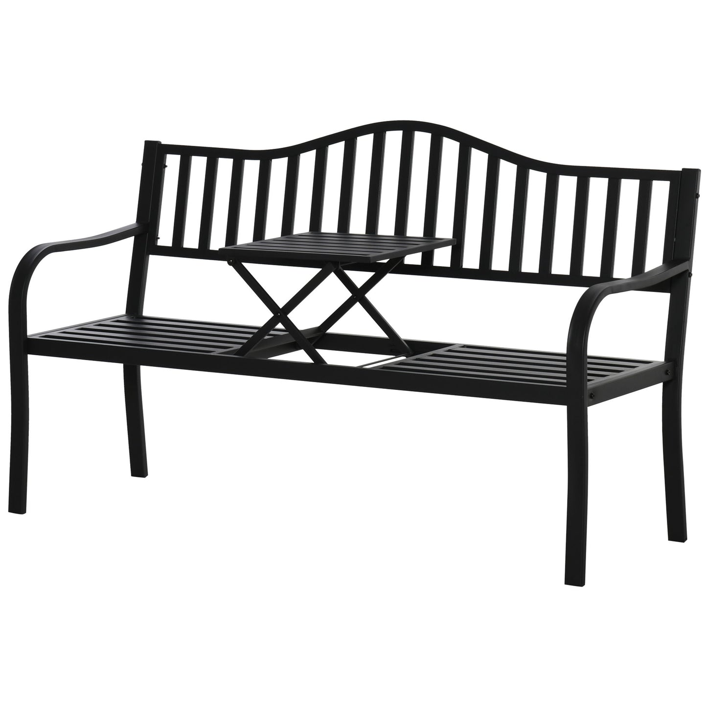 Metal Outdoor Bench with Liftable Middle Table, Patio Loveseat, Garden Bench for Lawn, Porch, Seats 2–3 People, Black