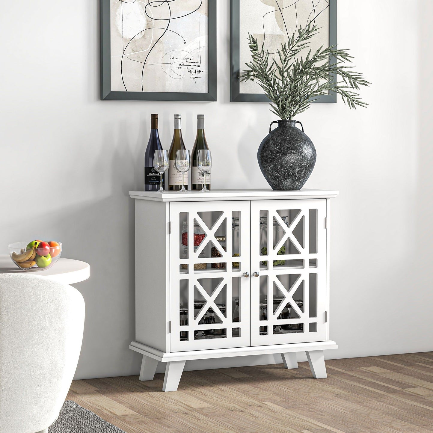 Sideboard Cabinet with Fretwork Doors - White