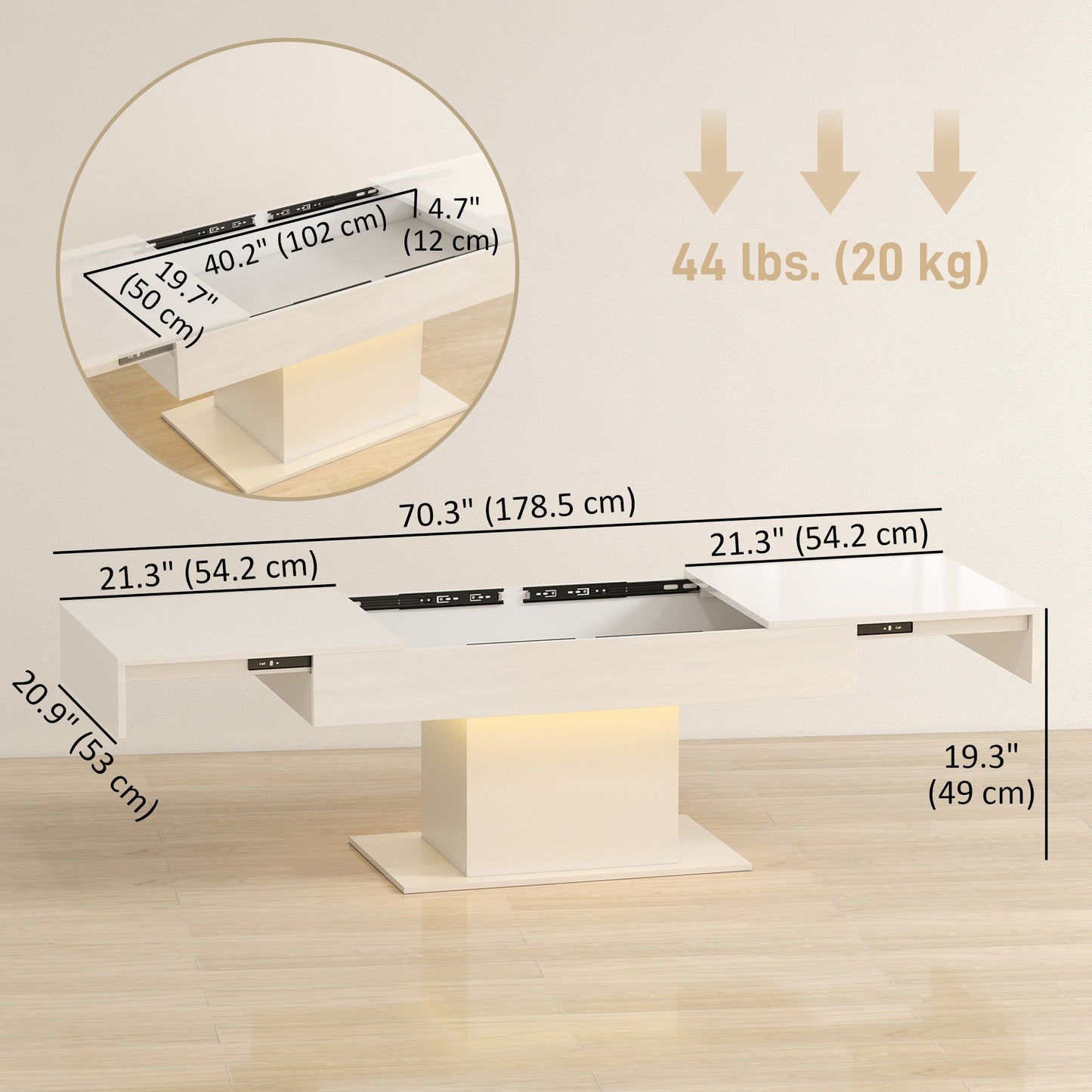 Extendable LED Coffee Table with Storage - White