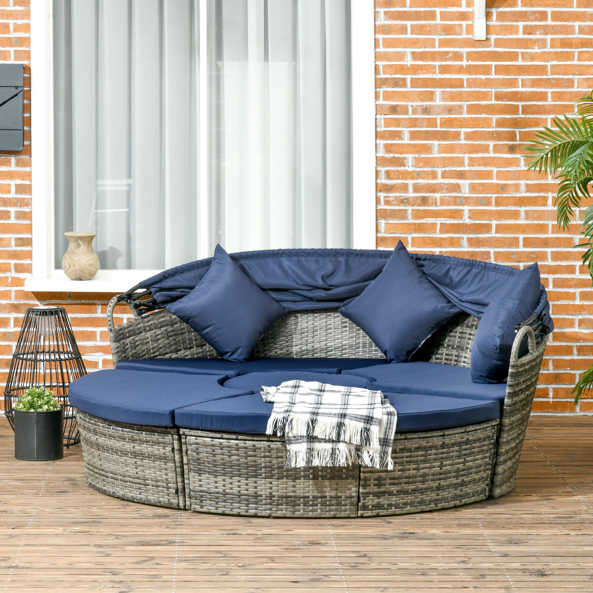 4 Pieces Outdoor Daybed with Retractable Canopy, PE Rattan Wicker Round Sofa Day Bed, Patio Sectional Conversation Furniture Set with Cushions and Pillows, Dark Blue
