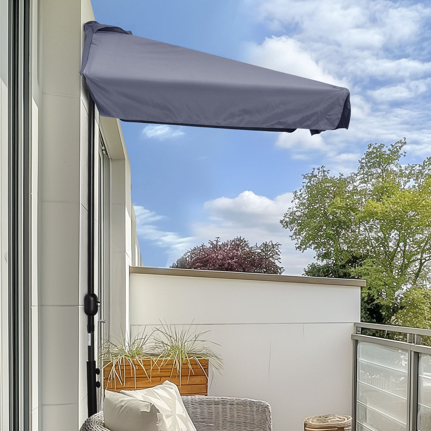 7.5ft Half Umbrella Semi Patio Parasol with Crank Handle, Top Vent for Garden, Balcony- NO BASE INCLUDED, Grey