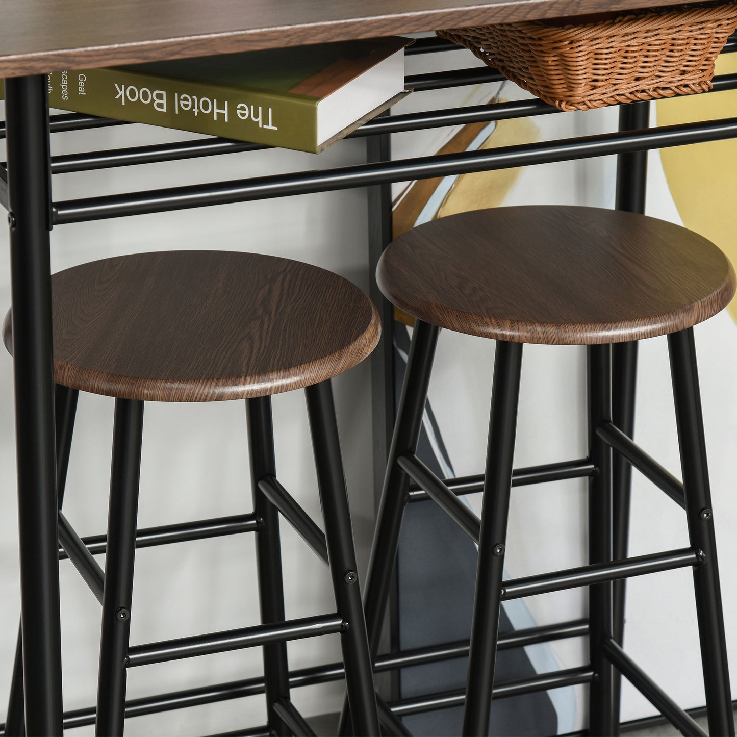 3 Piece Counter Height Bar Table Set with 1 Table, 2 Matching Stools, Dining Table Set with Storage Shelf and Metal Frame Footrest, Black and Oak