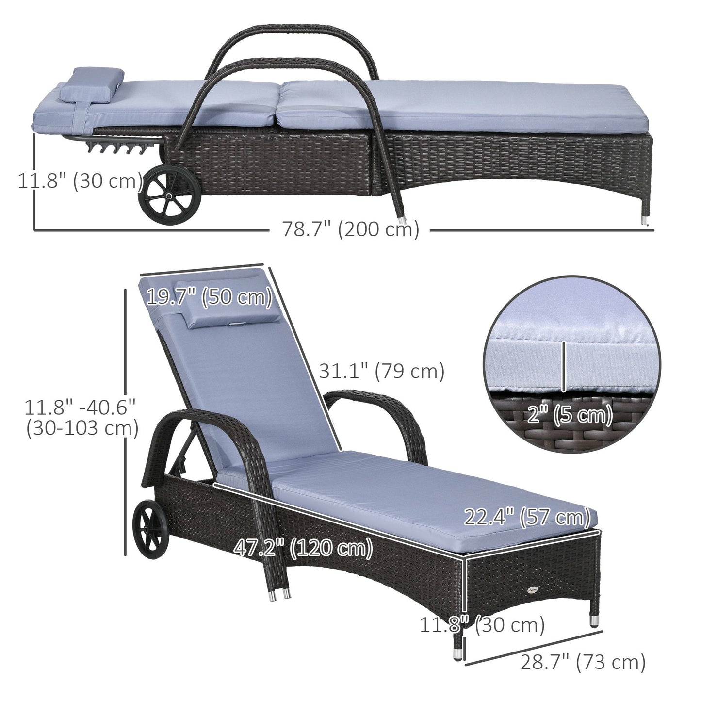 Outdoor Lounger, Deck Lounge Chair with Headrest, 5-Level Adjustable, Backrest, Wheels, Deep Coffee and Silver Grey
