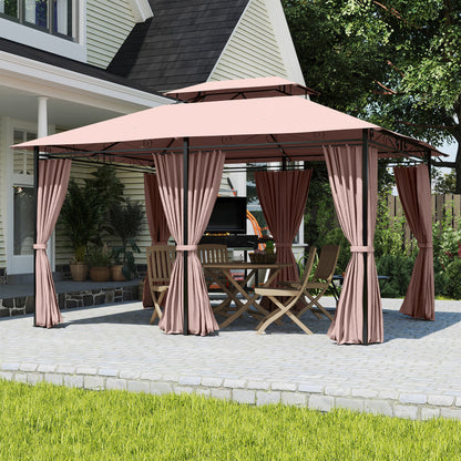 10' x 13' Khaki Gazebo with 2-Tier Roof & Curtains