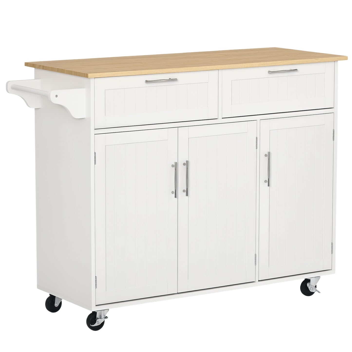 48" Kitchen Island with Storage and Solid Wood Top, Rolling Kitchen Cart on Wheels with 2 Storage Drawers, 3 Doors and Towel Rack for Dining Room, White