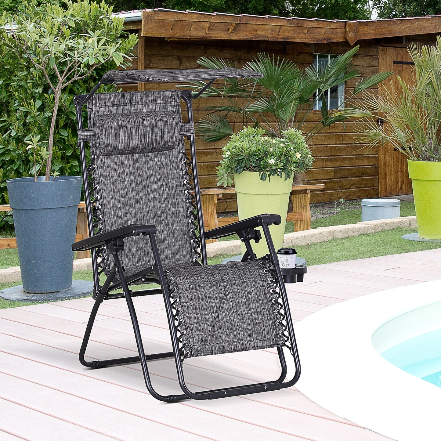 Outdoor Zero Gravity Reclining Lounger Chair with Canopy Shade, Side Tray, Cupholder, Beige - Dark Grey
