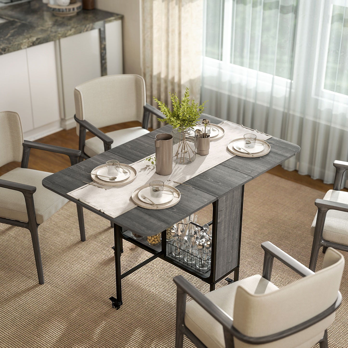 Folding Dining Table, Extendable Kitchen Table for Small Spaces with Storage Shelf and 6 Wheels, Distressed Grey