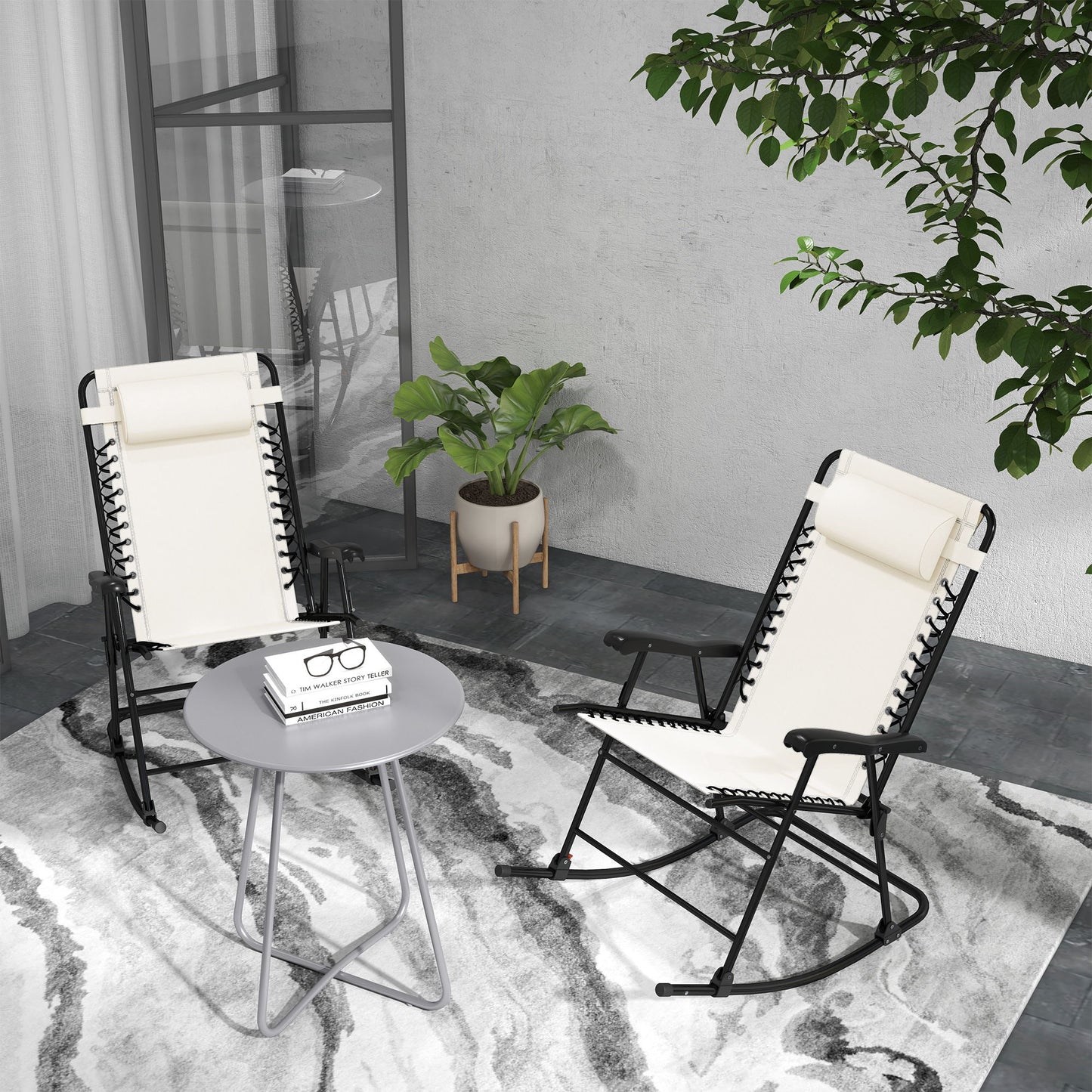 2pc Patio Foldable Rocking Chair Set w/ Breathable Mesh Seat & Backrest, Headrest for Park, Backyard, Garden, Cream