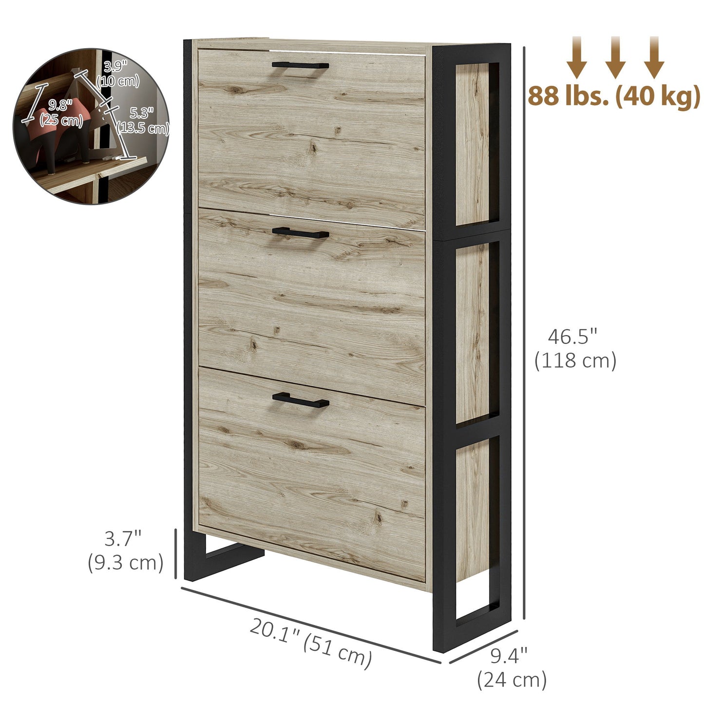 Shoe Cabinet with 3 Flip Drawer, Narrow Slim Shoe Storage Cabinet for 15 Pairs, Walnut