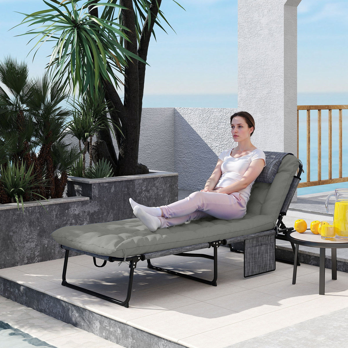 Folding Lounge Chair with 4-level Reclining Back & Cushion, Grey