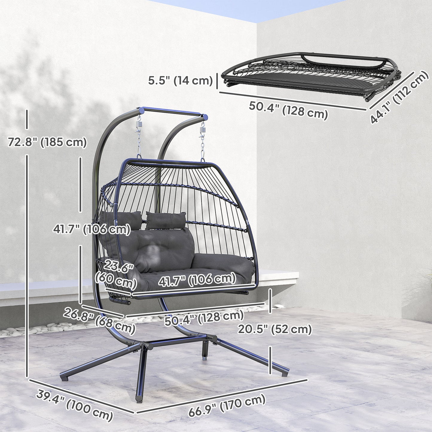 Double Wicker Egg Swing Chair with Stand, Foldable Hanging Egg Chair with UV Resistant Cushion, Headrest, Cream White
