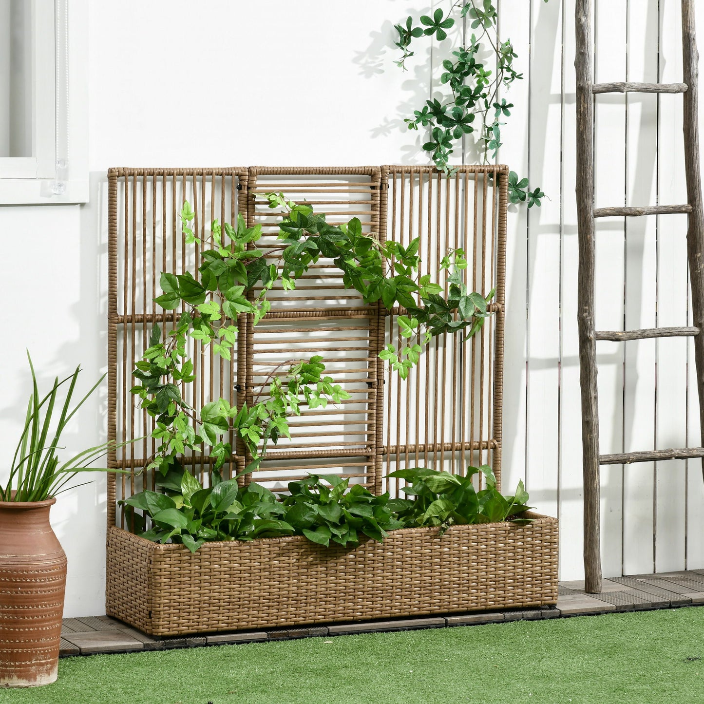 Raised Garden Bed with Lattice Trellis, Rattan Outdoor Planter with Storage for Garden, Patio, Balcony, Sand Brown