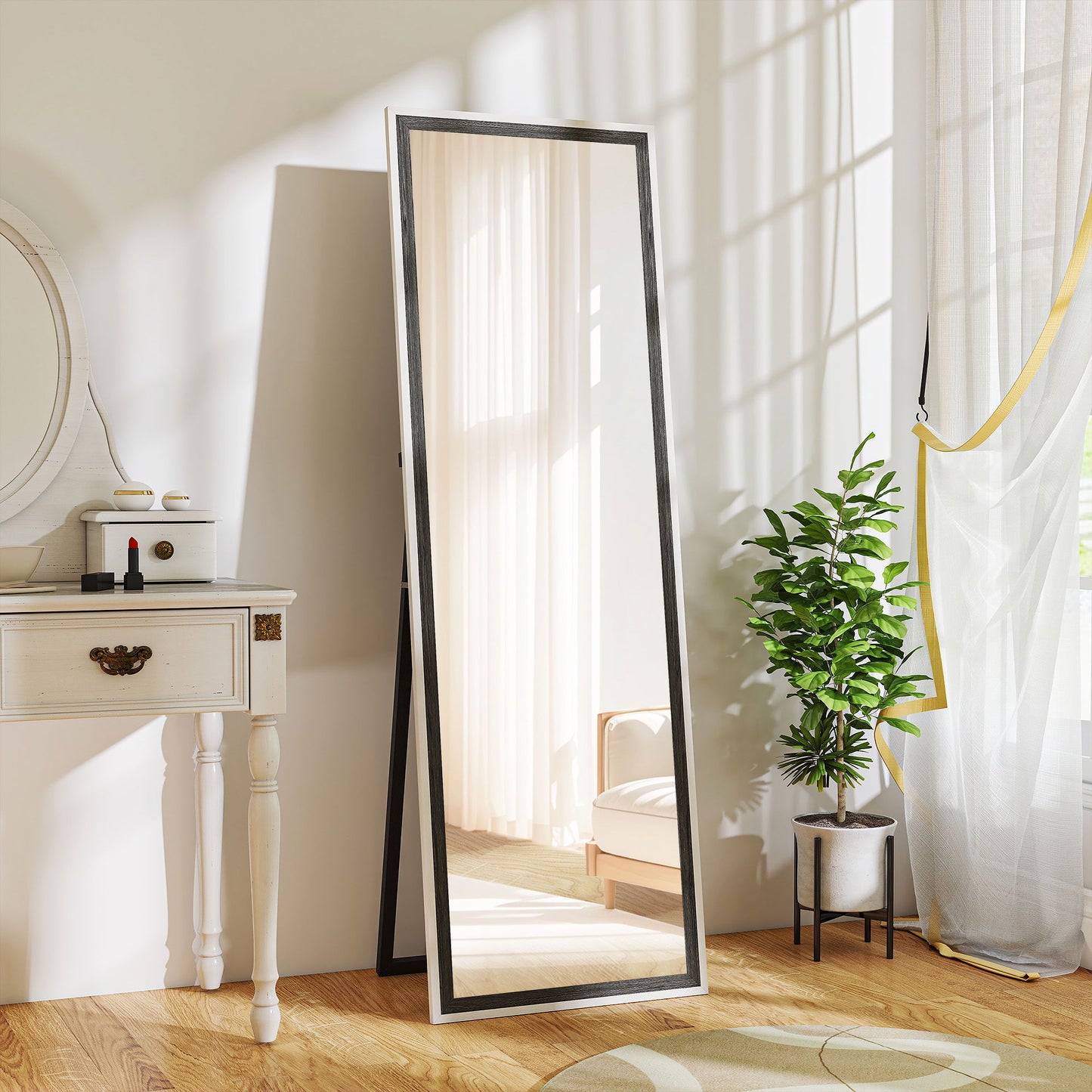 Floor Standing Mirror, Full Length Mirror, Free Standing, Leaning or Wall Mirror with Frame for Bedroom, Grey Wood Grain
