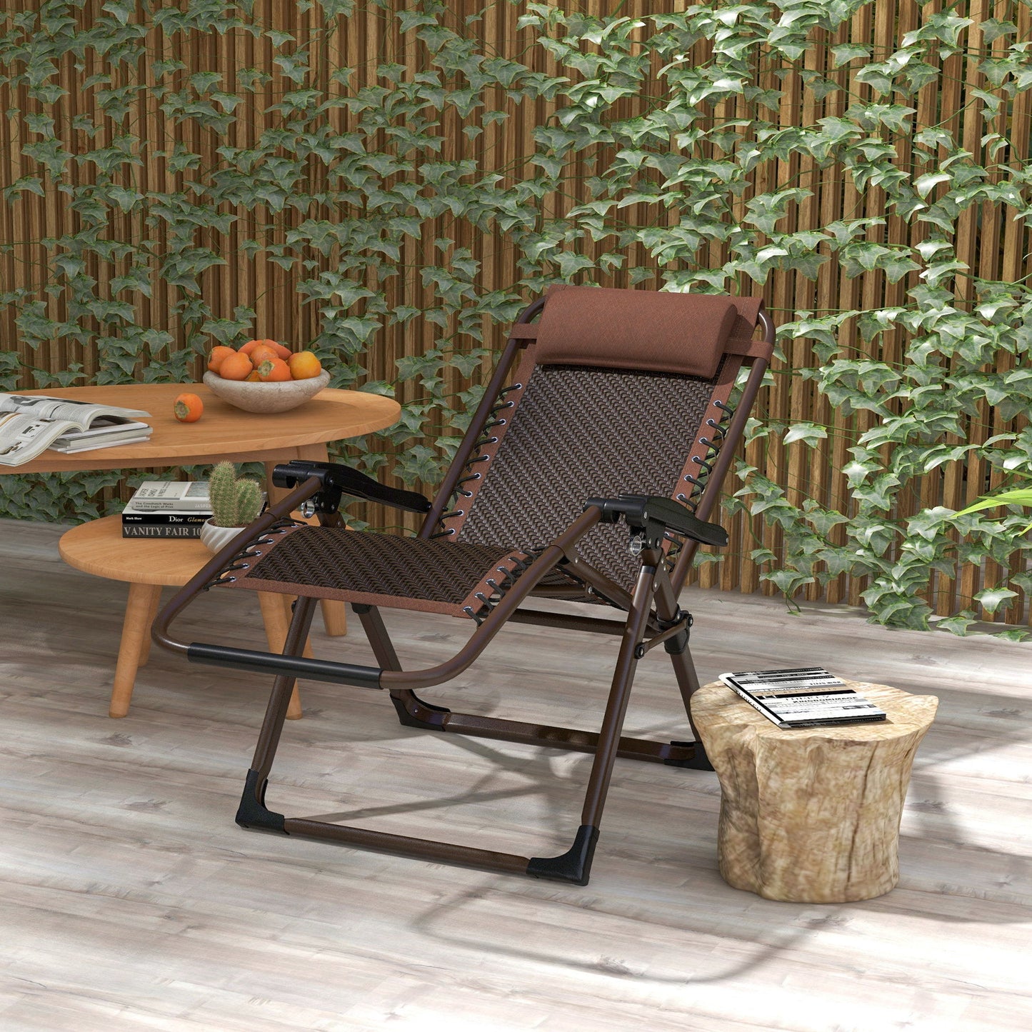 Outdoor Zero Gravity Chair, Folding PE Rarran Reclining Patio Lounge Chair with Recline Back, Headrest, Footrest, for Poolside, Garden, Brown