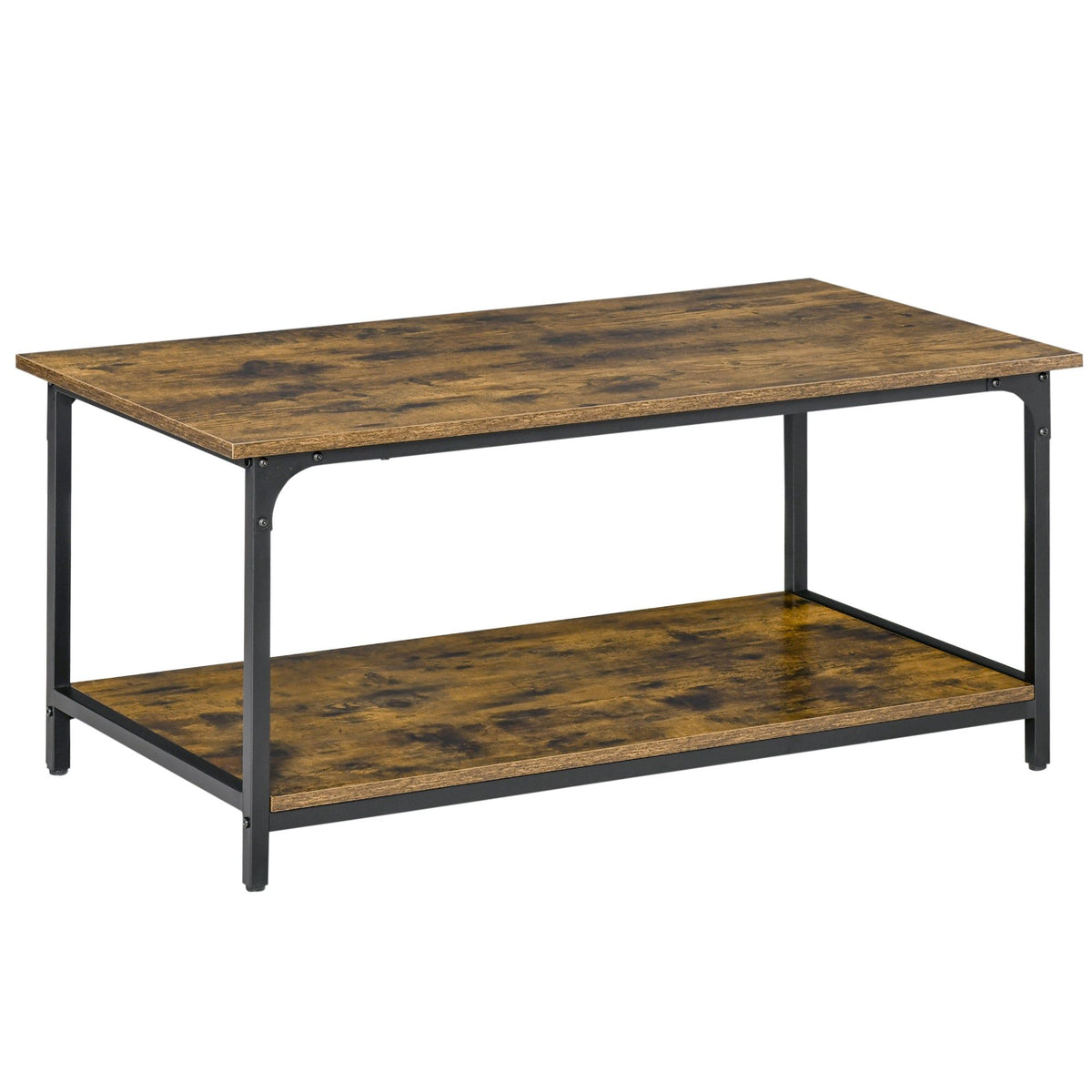 Industrial 2-Tier Coffee Table with Shelf - Rustic Brown