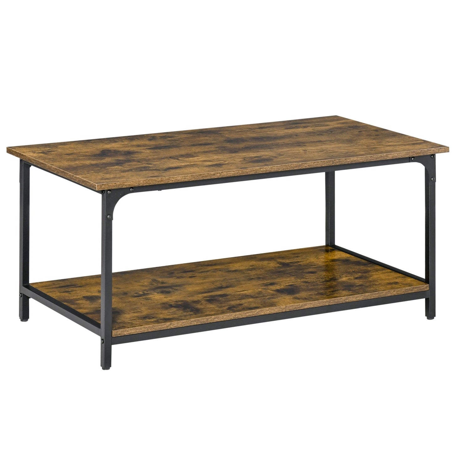 Industrial 2-Tier Coffee Table with Shelf - Rustic Brown