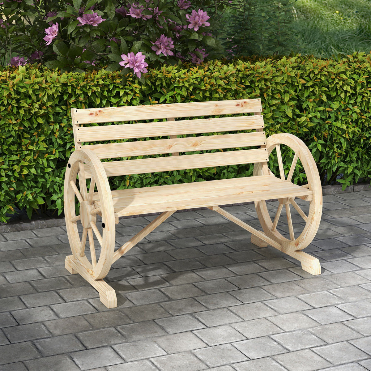 42" Wood Wagon Wheel Bench Garden Loveseat Rustic Seat, Natural Wood