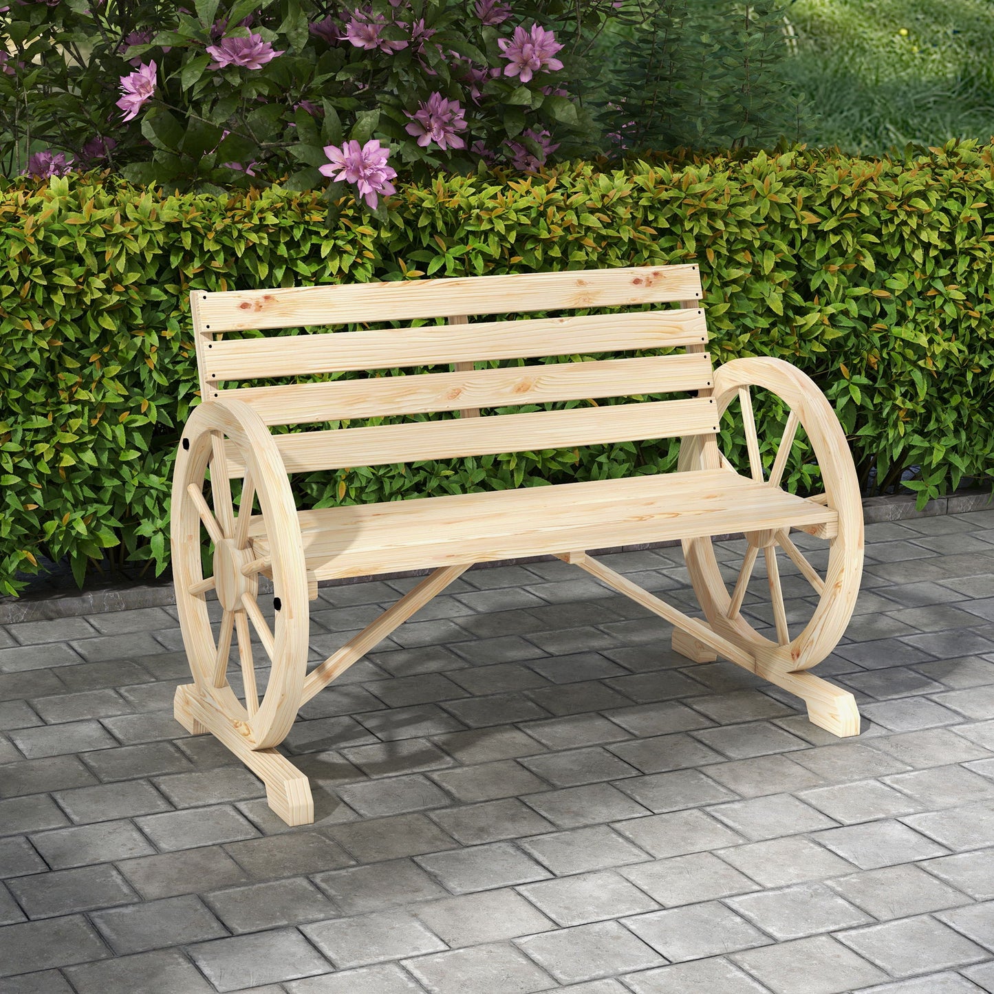 42" Wood Wagon Wheel Bench Garden Loveseat Rustic Seat, Natural Wood
