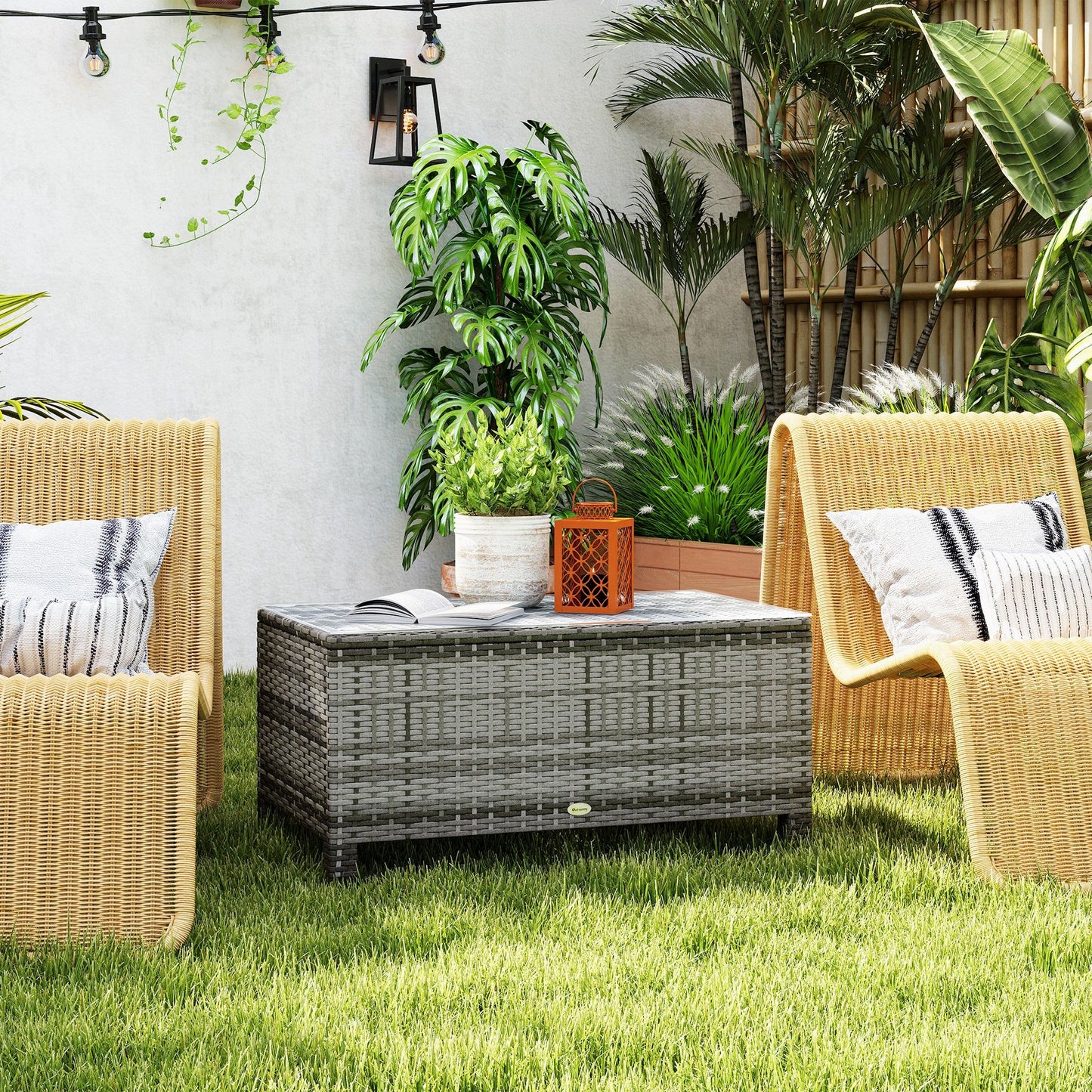 Rattan Wicker Coffee Table with Glass Top Outdoor Garden Patio Furniture Brown Tempered