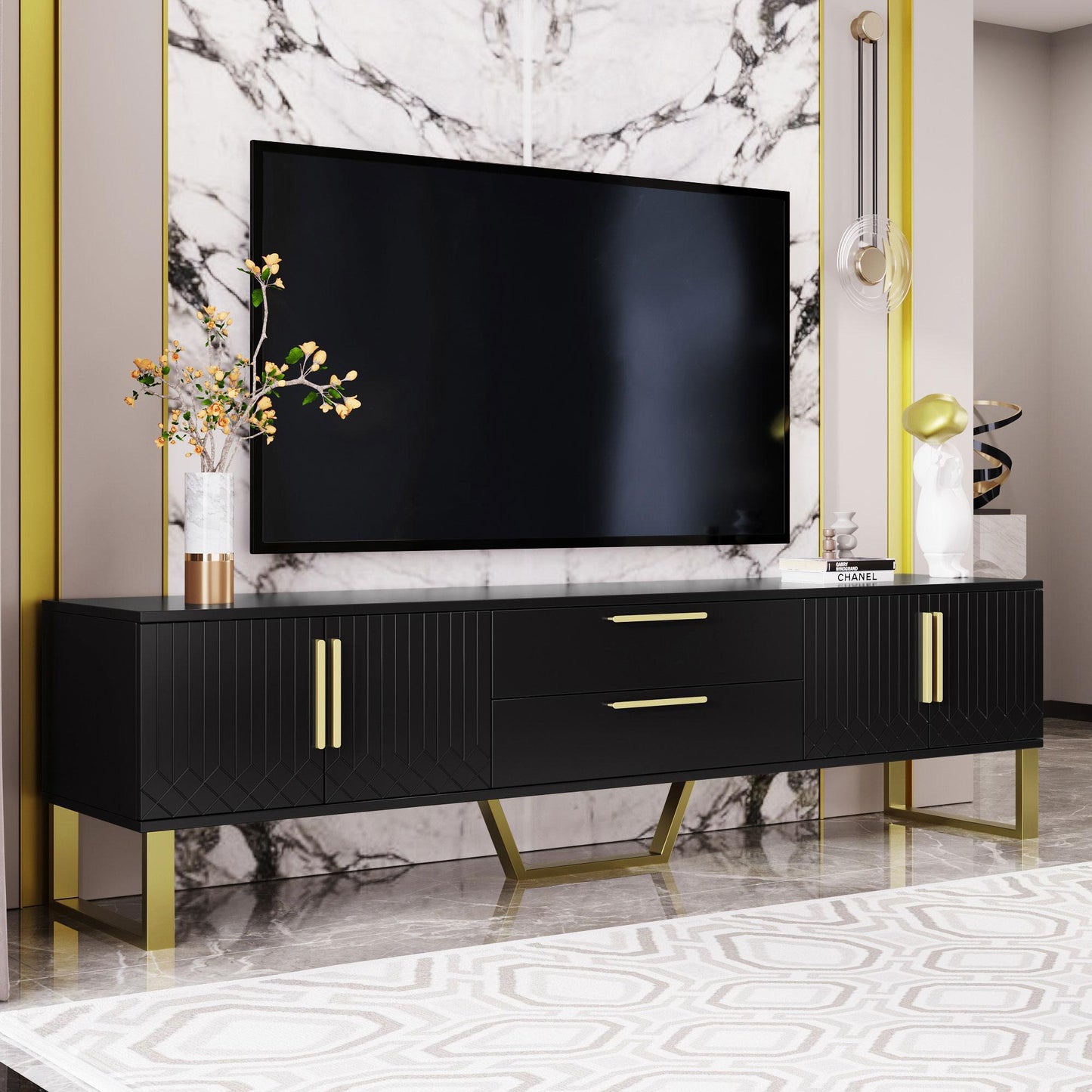 Modern TV Cabinet with Centre Drawers and Internal Shelves, Floor-Standing Console with Cable Management, 67'' L x 15.5'' W x 20.5'' H, Black