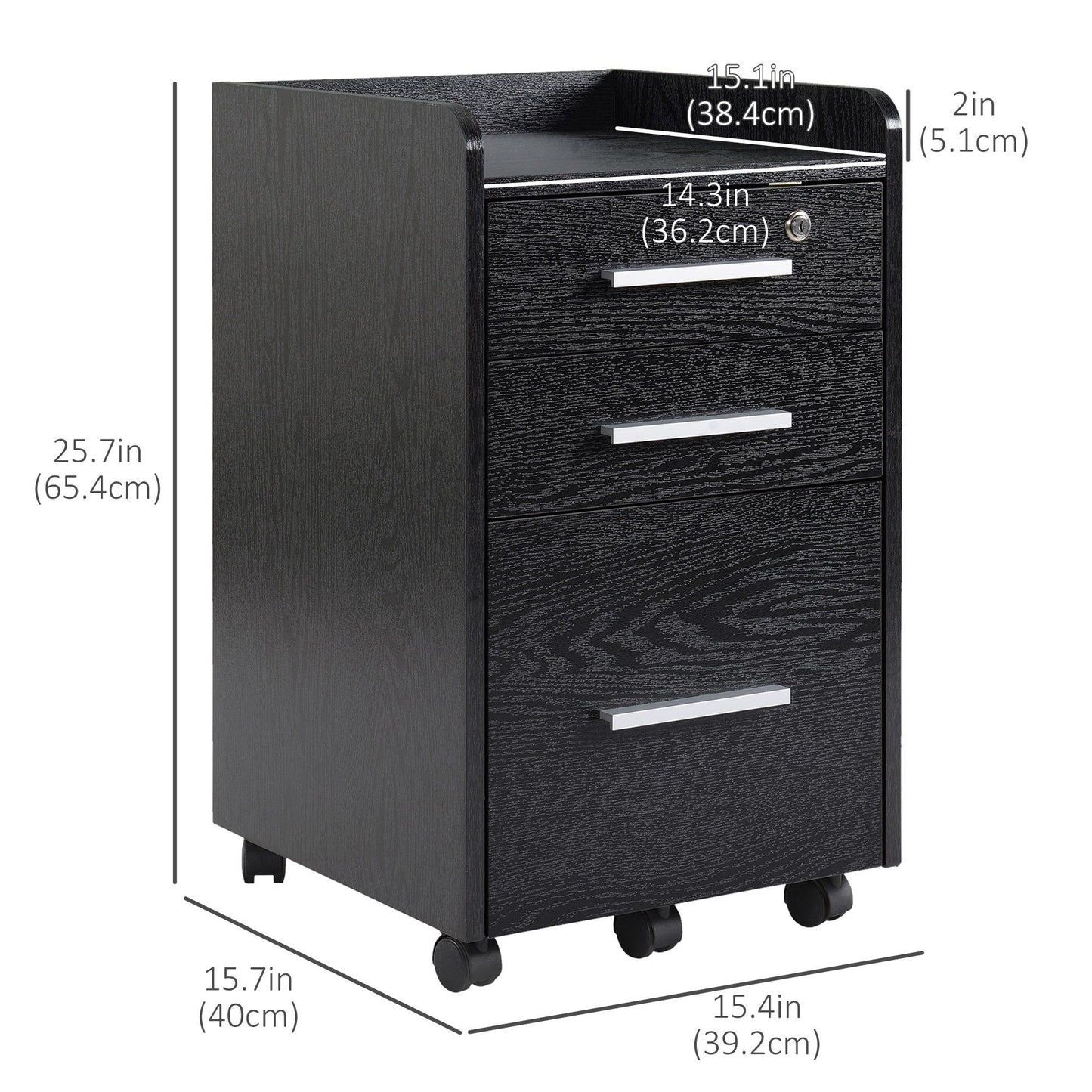 3-Drawer Filing Cabinet with Lock on Wheels - Black