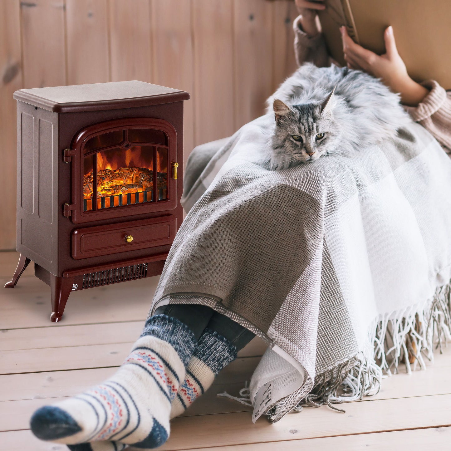 16" Free Standing Electric Fireplace Portable Adjustable Stove with Heater Wood Burning Flame 750/1500W Red Brown