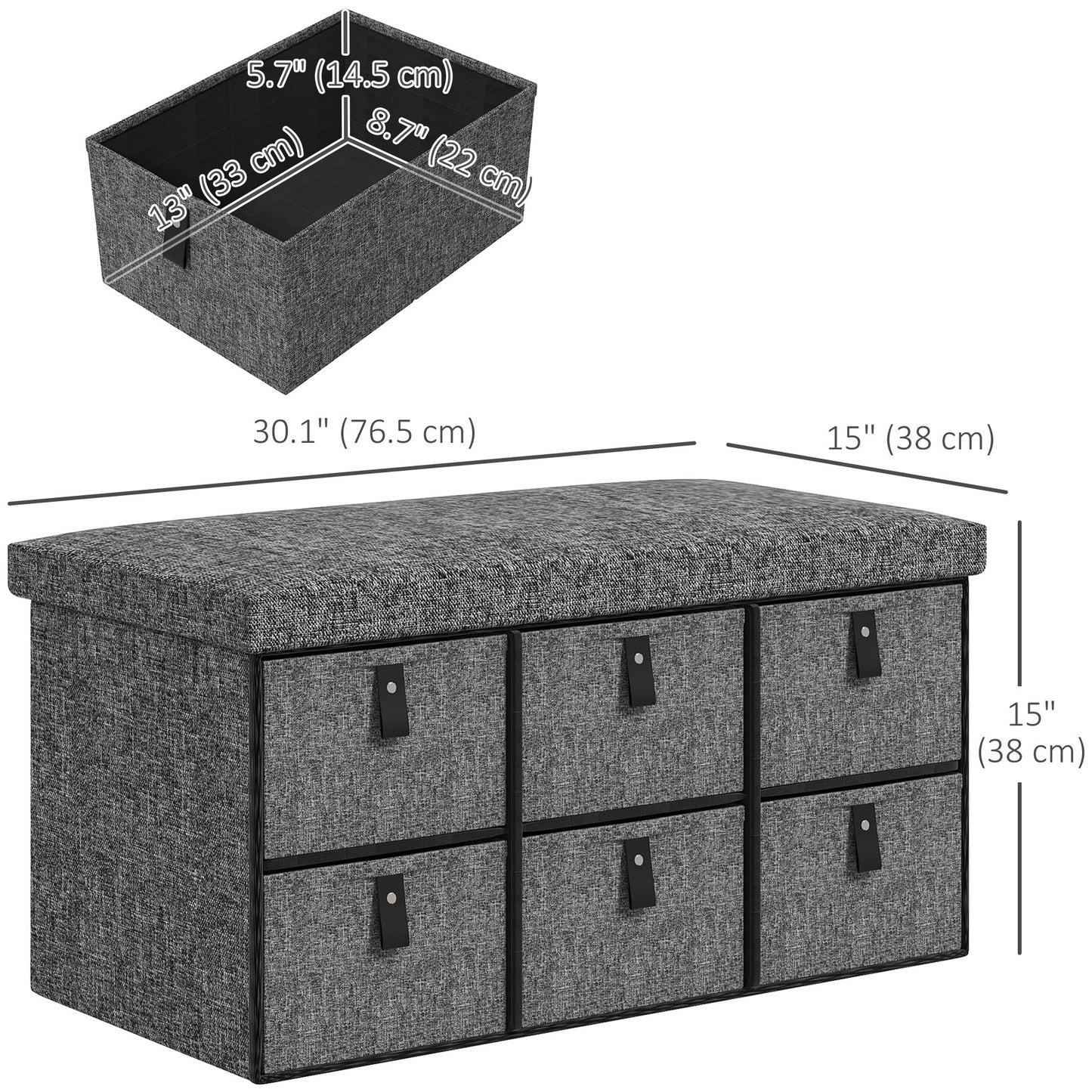 Shoe Bench with Seat, Shoe Storage Bench with Cushion and 6 Fabric Drawers for Entryway, Hallway, Bedroom, Charcoal Grey