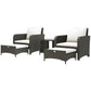 5 Piece Rattan Balcony Furniture Set, Wicker Outdoor Furniture Set with 2-Tier Coffee Table, Ottomans, Grey, Cream White