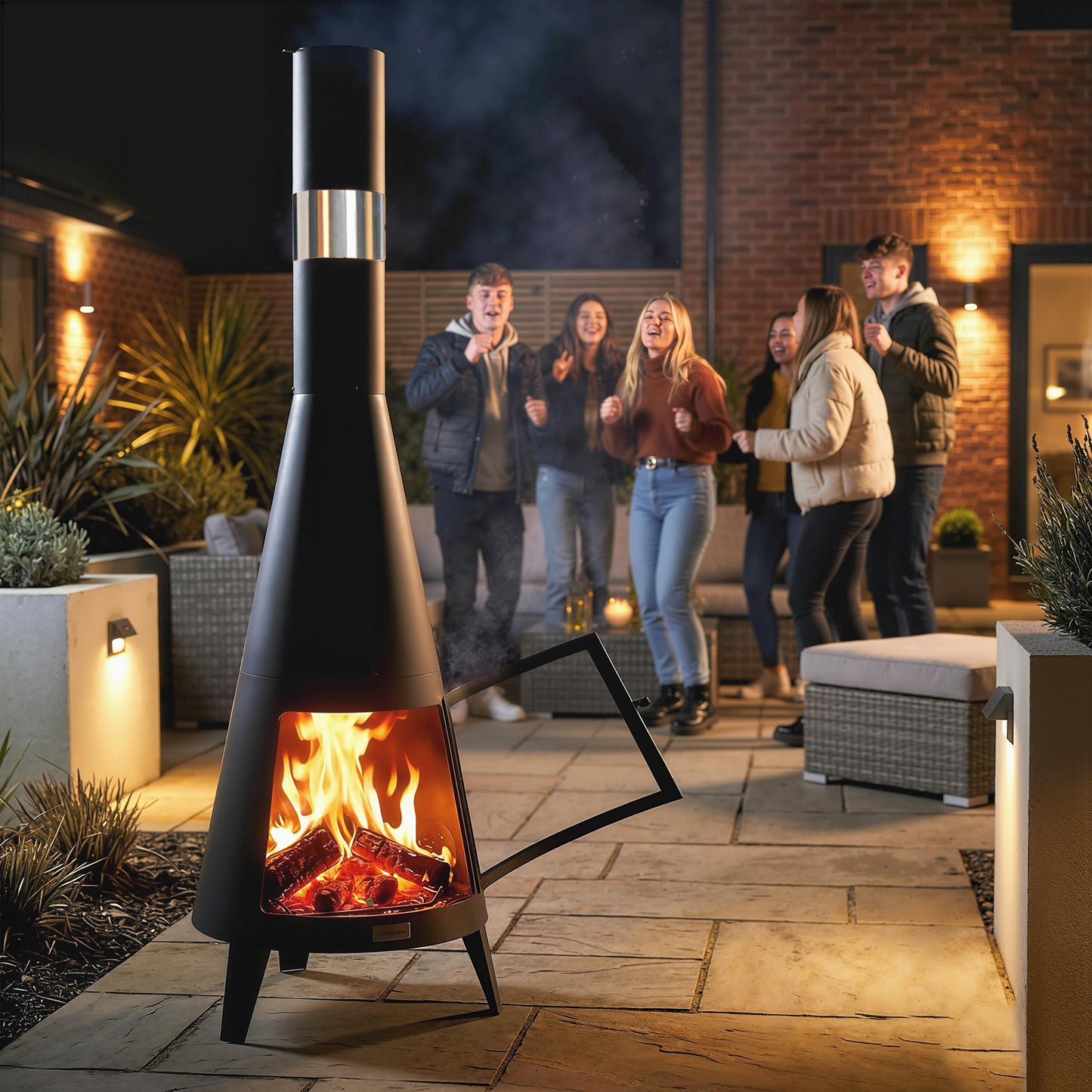 Wood Burning Firepit with Chimney, Outdoor Fire Pit with Poker, Mesh Screen, Black