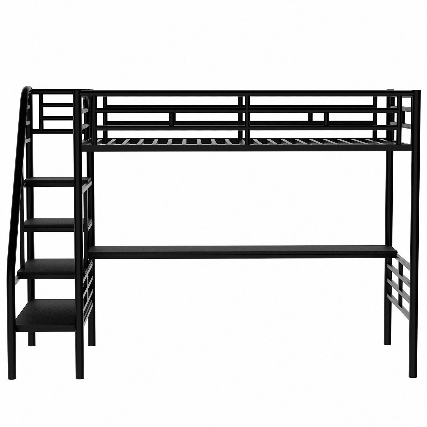 Metal Loft Bed Frame with Desk and LED Light, Sturdy Metal Frame, High-Sleeper Bed for Guest Rooms, 94.5" L x 41.5" W x 72" H, Black