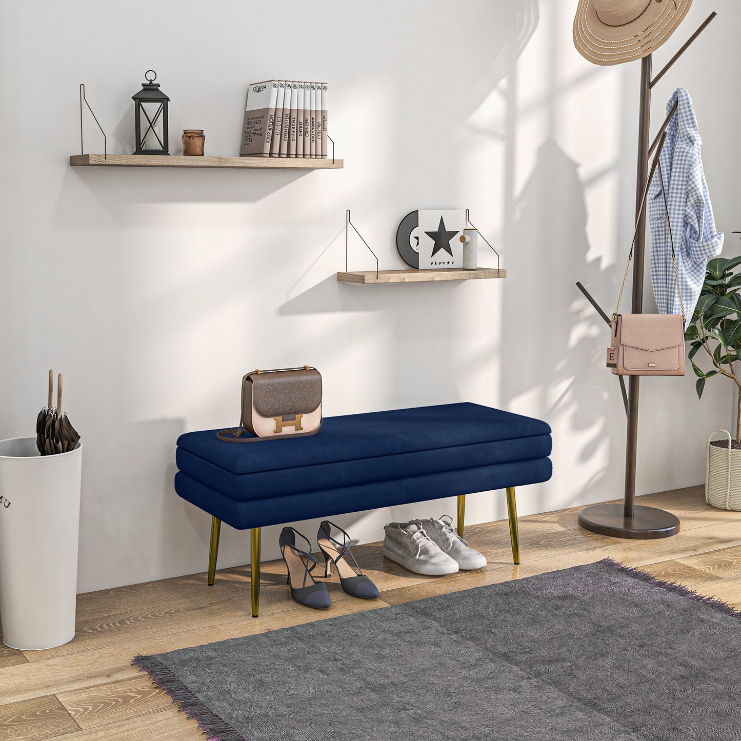39" Storage Ottoman, Velvet End of Bed Bench with Steel Legs, Foot Stool with Storage for Bedroom, Living Room