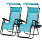 2 Piece Foldable Lounge Chair with Canopy Shade, Outdoor Zero Gravity Chair w/ Side Tray & Cup Holder, Reclining Lounger w/ Breathable Mesh Fabric Seat, Pillow, Sky Blue