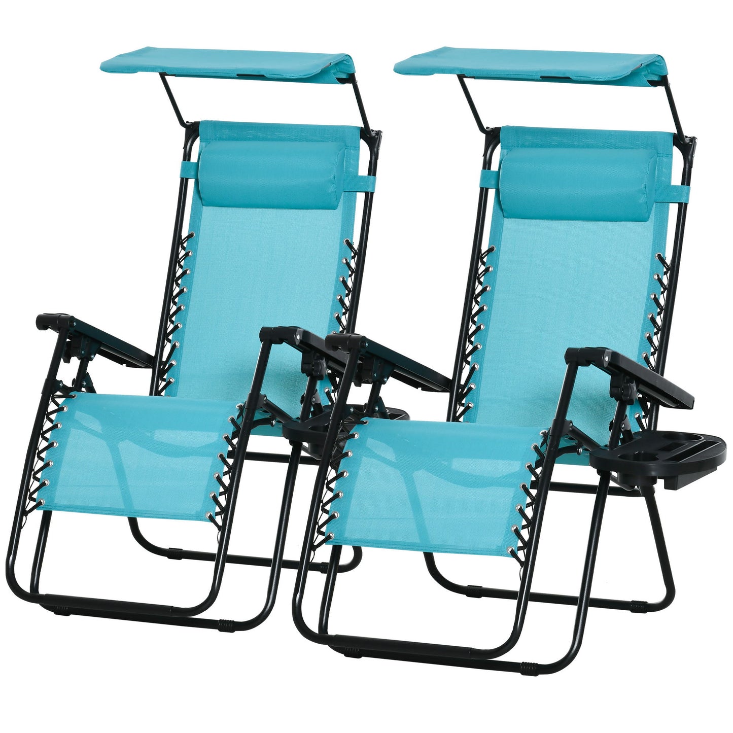 2 Piece Foldable Lounge Chair with Canopy Shade, Outdoor Zero Gravity Chair w/ Side Tray & Cup Holder, Reclining Lounger w/ Breathable Mesh Fabric Seat, Pillow, Sky Blue