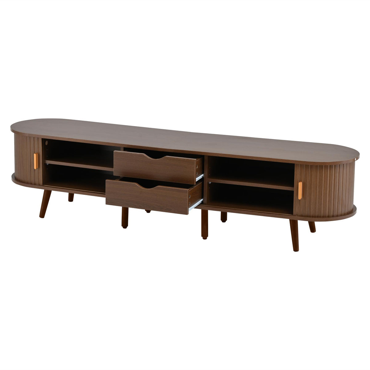 Stylish TV Stand with Rounded Corners and Oval Top, Versatile TV Cabinet for Living Room, 69" L x 15.5" W x 16.5" H, Dark Oak