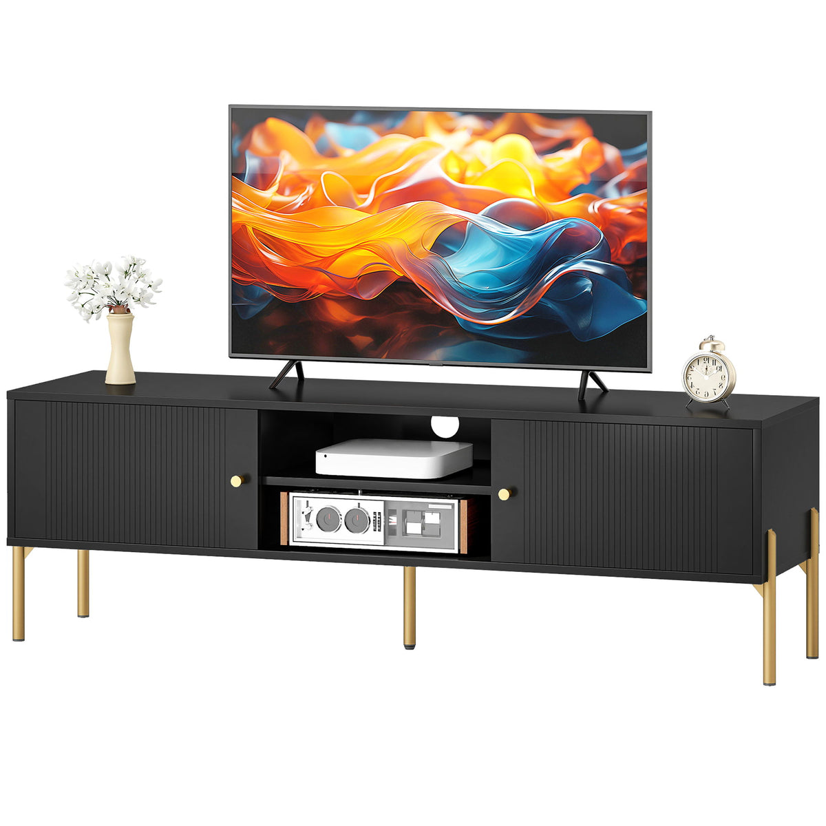 TV Stand for TVs up to 65", Entertainment Center with 2 Open Shelves, 2 Cabinets and Steel Legs for Living Room, Black