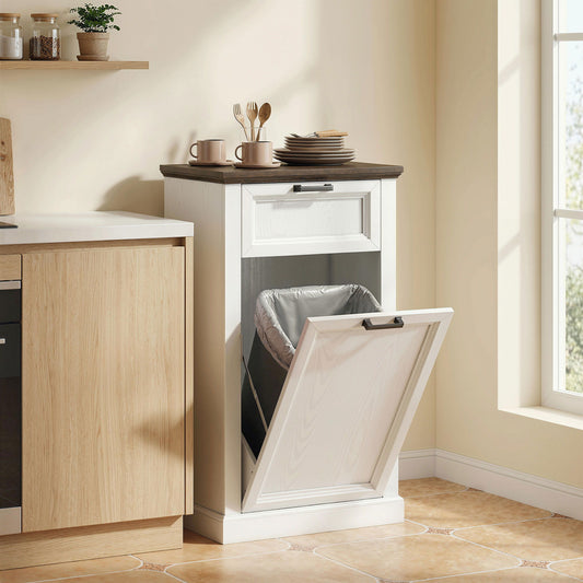 10 Gallon Trash Can Cabinet with Drawer, Farmhouse Tilt Out Garbage Cabinet Laundry Hamper, White Wood Effect