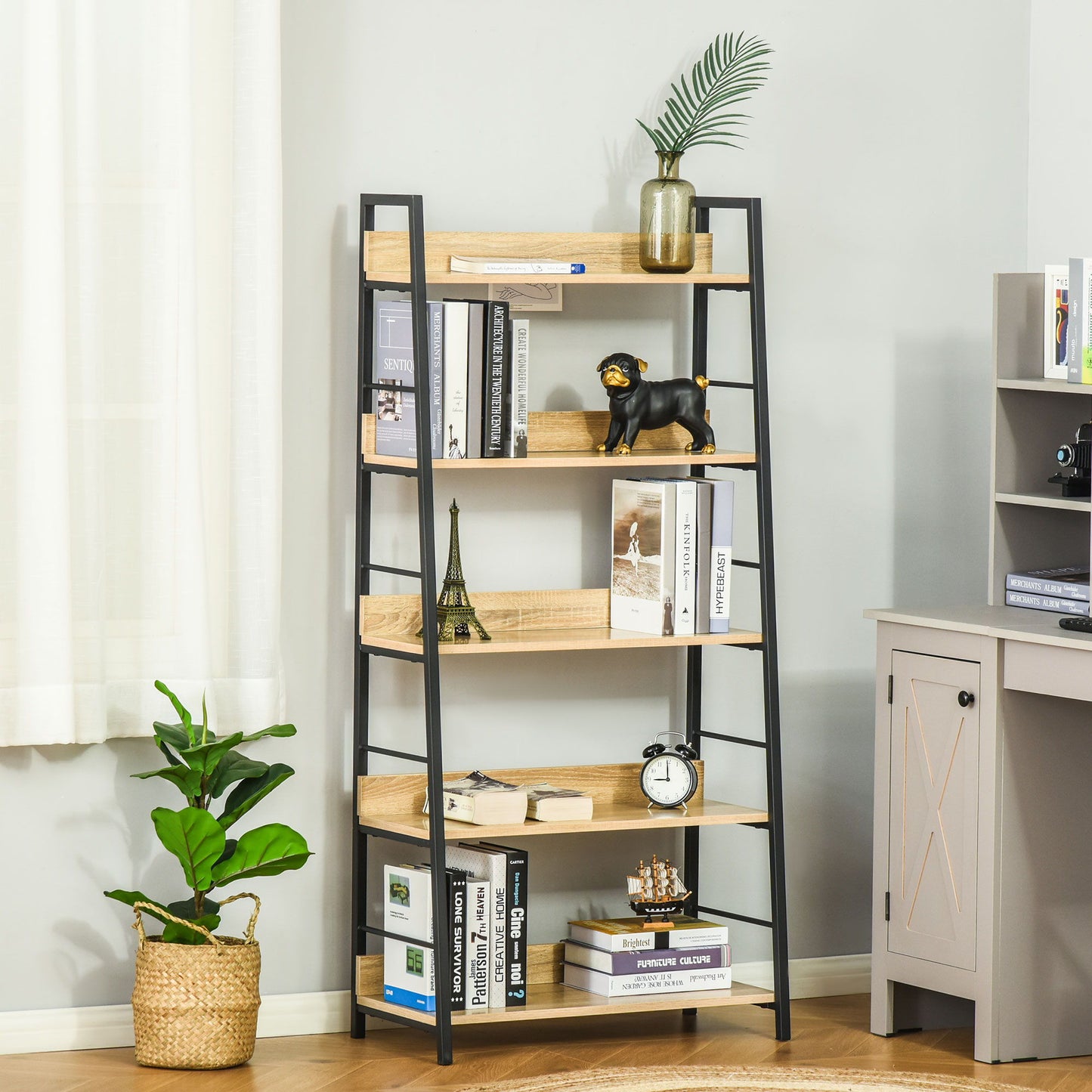 Modern Bookshelf Storage with 5-Tier Wide Shelving, Metal Frame, Wooden Bookcase for Living Room Library Home Furniture, Oak
