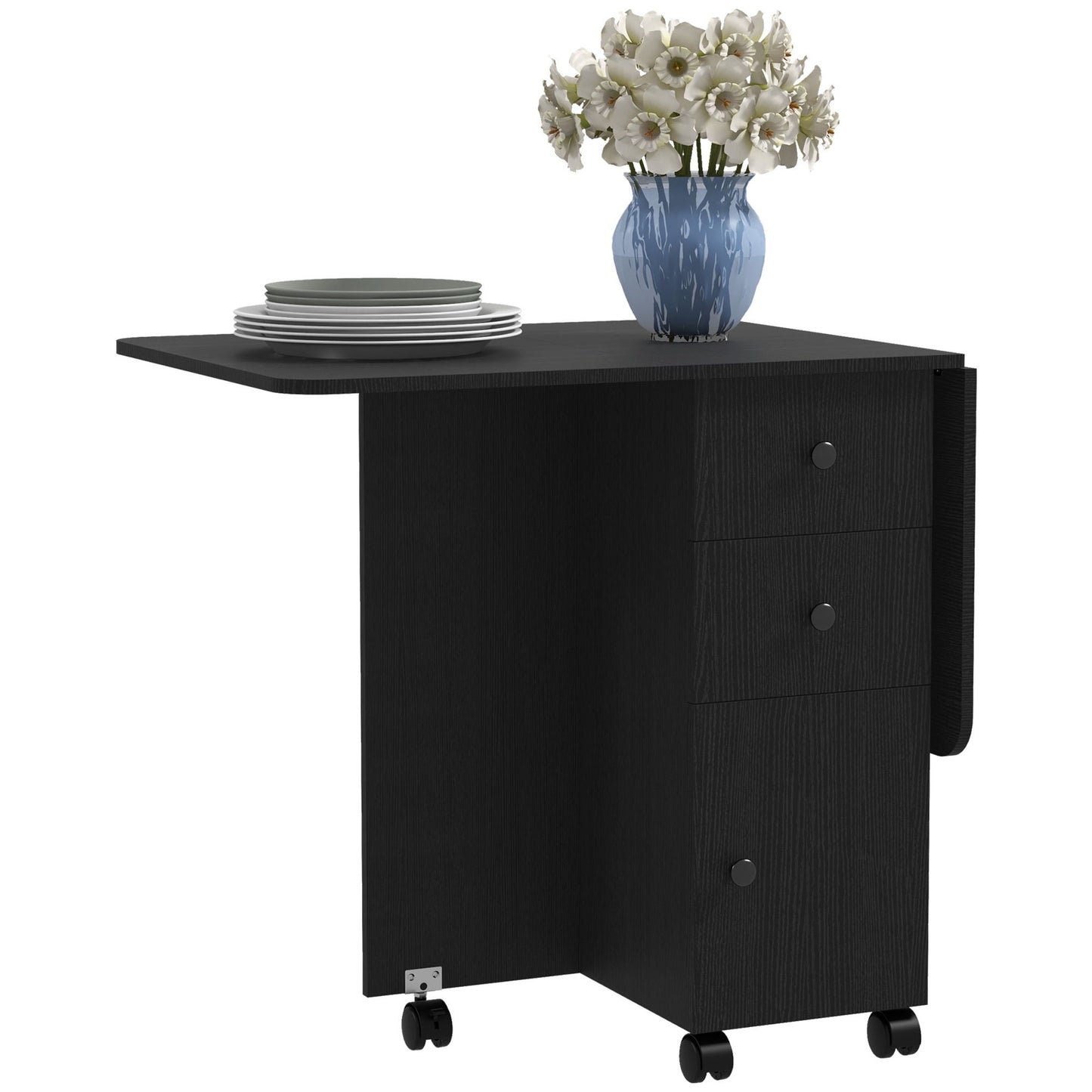 Drop Leaf Dining Table, Mobile Folding Table on Wheels with Drawers and Cabinet for Dining Room, Kitchen, Black