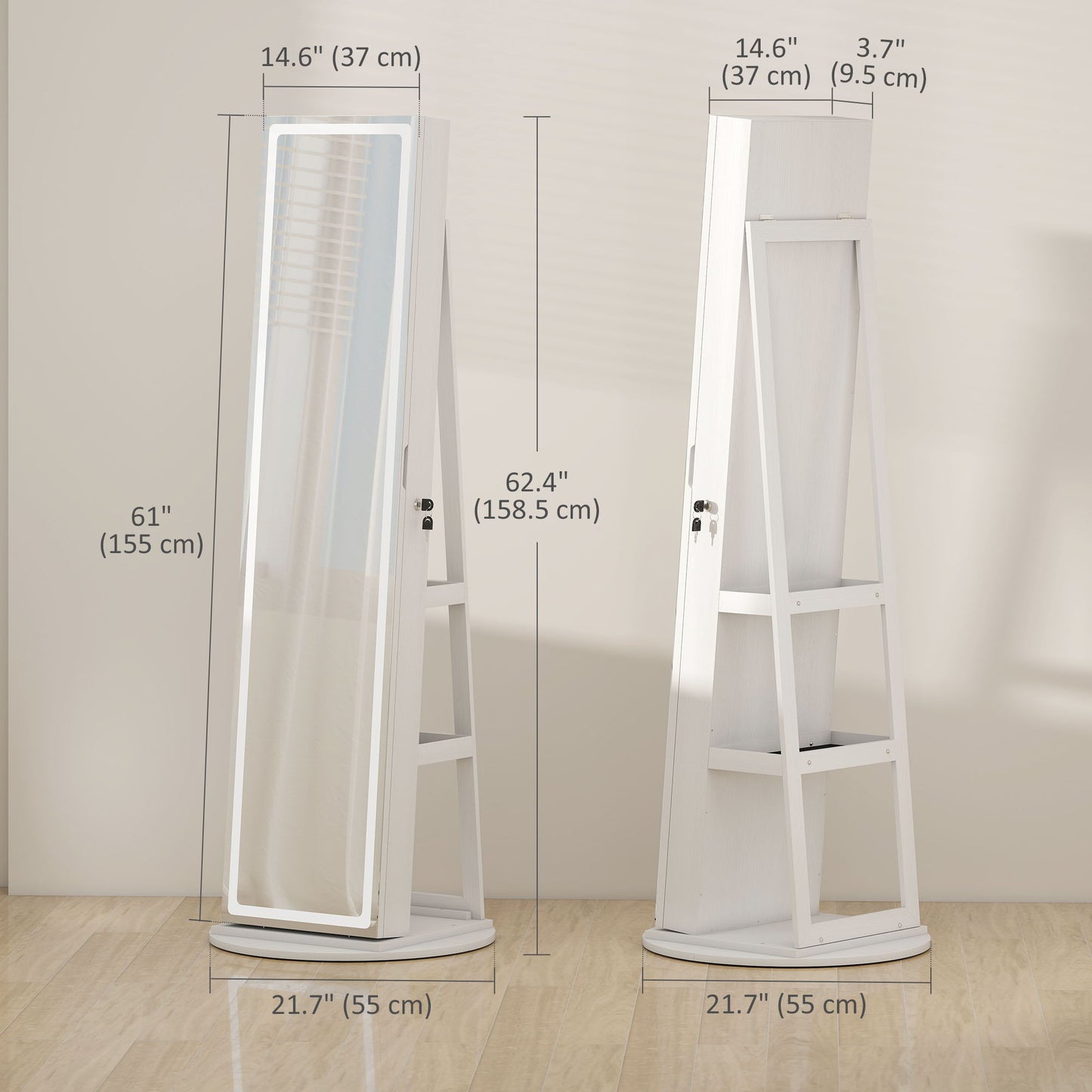 Jewelry Cabinet with Full Length Lockable Mirror, Standing Jewelry Armoire Organizer with LEDs, White