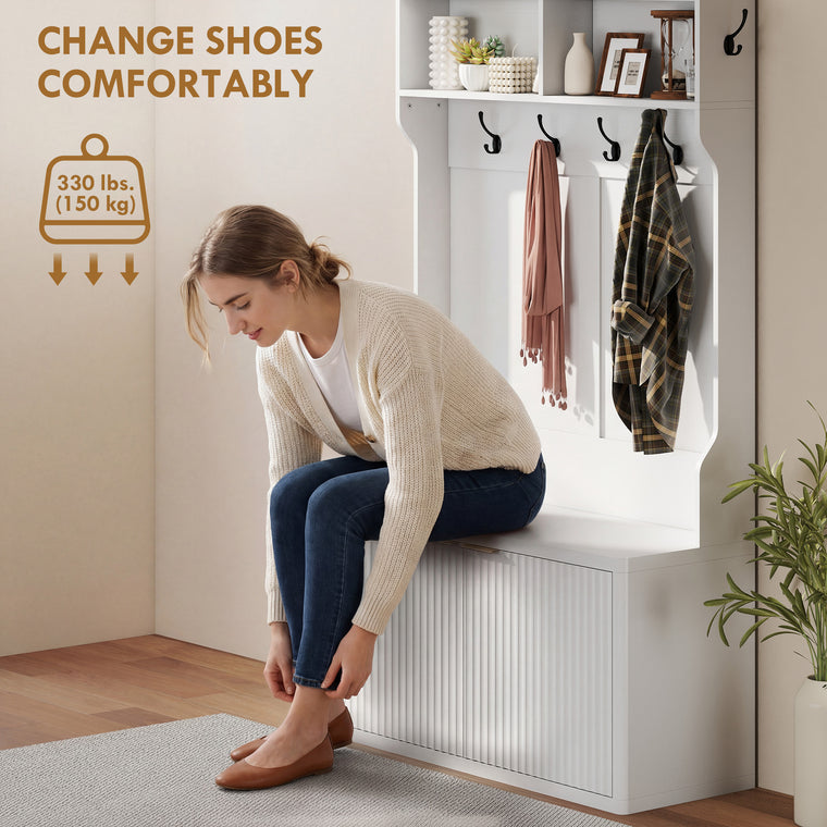 4-in-1 Hall Tree with Shoe Bench and Coat Rack - White
